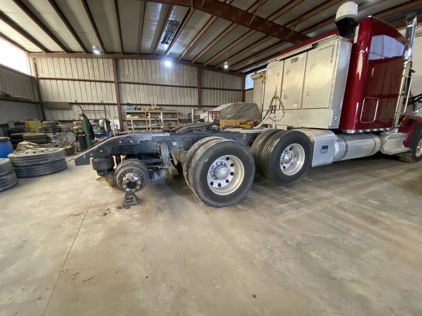 Semi tractor in the shop for rear axle and driveline work